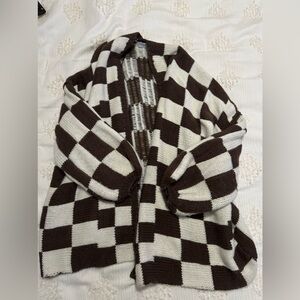 Balloon sleeve checkered cardigan